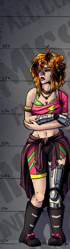 Auty — curly orange hair, mechanical arm, pink top